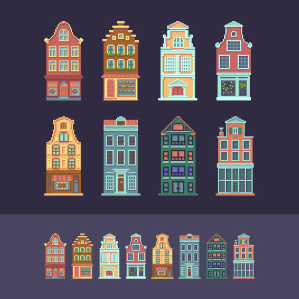ilustrações de stock, clip art, desenhos animados e ícones de set of customizable pixel art european houses. - amsterdam street