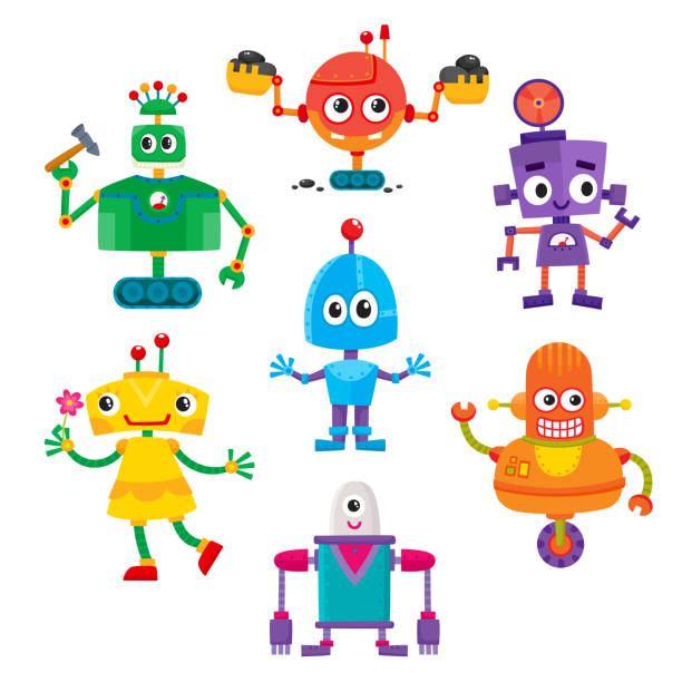 Set of cute and funny colorful robot characters Set of cute and funny colorful robot characters, cartoon vector illustration isolated on white background. Cartoon style set of funny colorful robot toys, aliens, androids outer space clipart stock illustrations