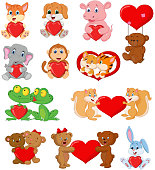 Vector illustration of Set of cute animals with red heart