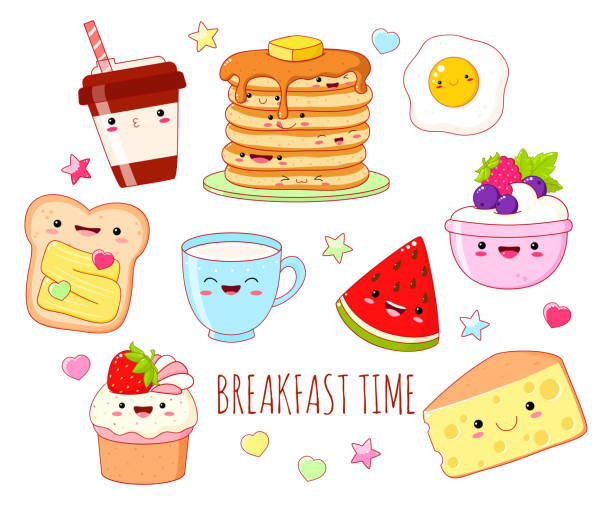 illustrazioni stock, clip art, cartoni animati e icone di tendenza di set di graziose icone del cibo per la colazione in stile kawaii - kawaii