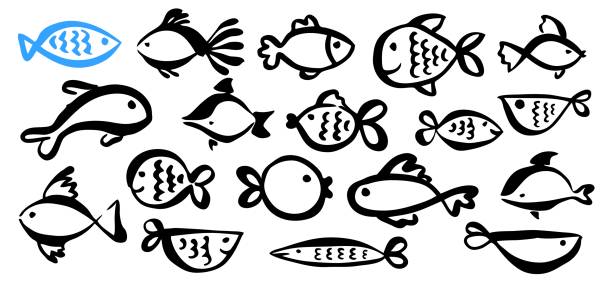 Set of cute cartoon fish hand painted with ink brush stroke Set of cute cartoon fish hand painted with ink brush stroke, isolated on white background. Grunge vector illustration simple fish drawings stock illustrations