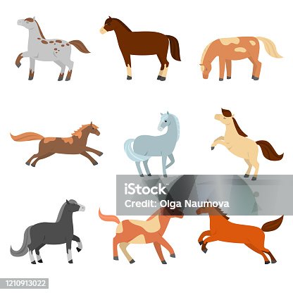 istock A set of cute cartoon horses of different configuration, color and coloring. 1210913022