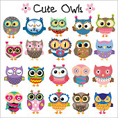 Set of Cute Cartoon Owls on a white background