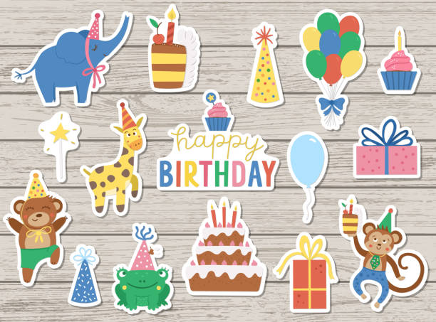 Set of cute cheerful stickers with animals in party hats on wooden background. Birthday party celebration clipart collection. Vector holiday pack with bright present, cake with candles, balloon Set of cute cheerful stickers with animals in party hats on wooden background. Birthday party celebration clipart collection. Vector holiday pack with bright present, cake with candles, balloon birthday clipart stock illustrations