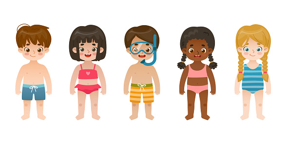 Set of cute children on th beach. Collection of cartoon kids in swimsuit on summer vacations. Bundle of babies in beachwear.