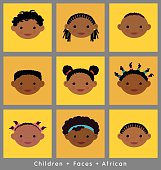 set of cute children's faces. African. vector flat style.