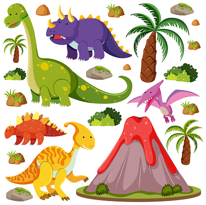 Set of cute dinosaurs and volcano eruption isolated on white background