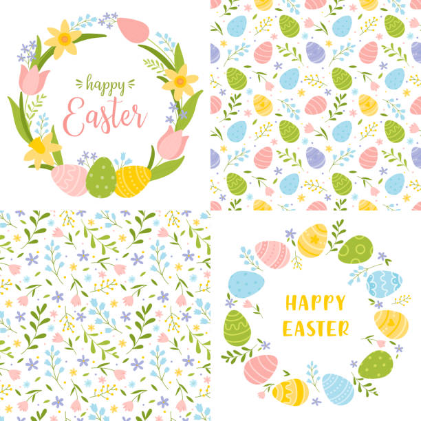 Set of cute Easter cards and seamless patterns.  easter sunday stock illustrations