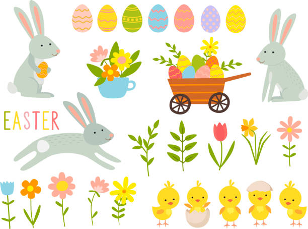 Set of cute Easter cartoon characters and design elements. Easter bunny, chickens, eggs, and flowers. Vector illustration. Set of cute Easter cartoon characters and design elements. Easter bunny, chickens, eggs, and flowers. Vector illustration. easter sunday stock illustrations