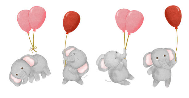 Set of cute elephant with balloon in various gesture watercolor painting vector art illustration