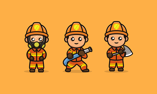 Set of cute firefighter mascot design illustration