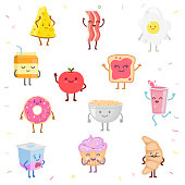 Set of cute food characters. Breakfast, dessert, sweets. Fried egg, bacon, cheese, juice, toast, apple, donut, breakfast cereal, yogurt, cupcake, croissant. Isolated vector illustration