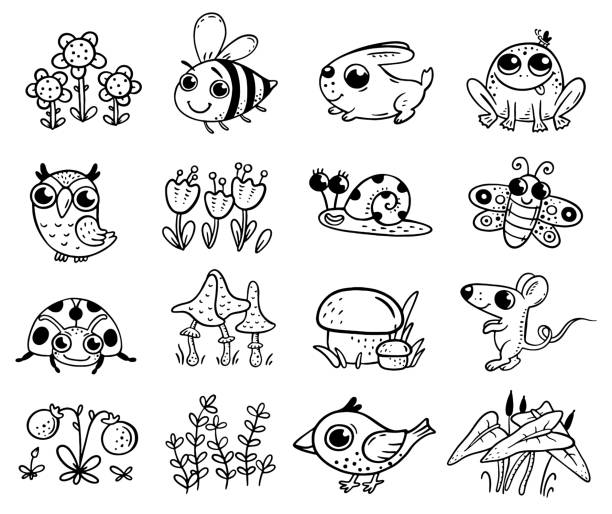 Set of cute forest or woodland animals and plant elements suitable for stickers, coloring page set of cute forest or woodland animals and plant elements suitable for stickers, coloring page, cartoon vector clipart frog clipart black and white stock illustrations