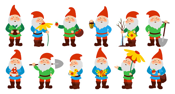 Set of cute garden gnomes. Isolated on a white background.