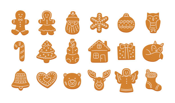 satz von niedlichen lebkuchen kekse für weihnachten - lebkuchen stock-grafiken, -clipart, -cartoons und -symbole