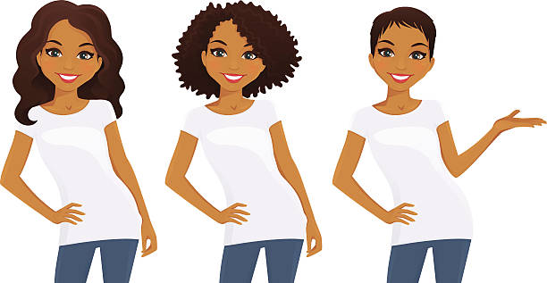 Set of cute girls in white T-shirts Set of cute girls with different hairstyles in white T-shirts short hair stock illustrations
