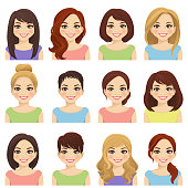 Set of cute girls with different hairstyles and color vector illustration isolated