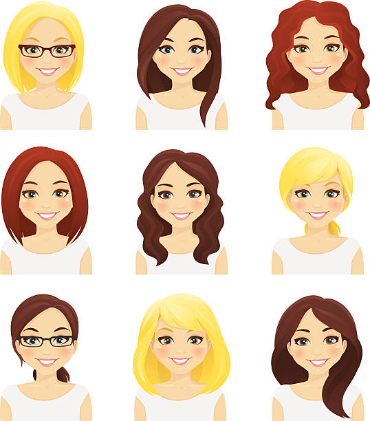 Set of cute girls Set of cute girls with different hairstyles and color blond hair stock illustrations