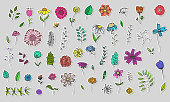 Set of Cute Hand Drawn Colorful Flowers and Herbs stickers, Plants with Black Outline. Big Vector Collection of Floral Graphic Labels for Pattern Design, Greeting Card Decoration,