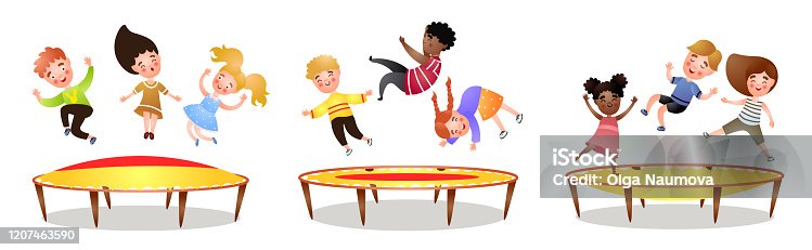istock Set of cute, happy kids jump at big trampoline 1207463590