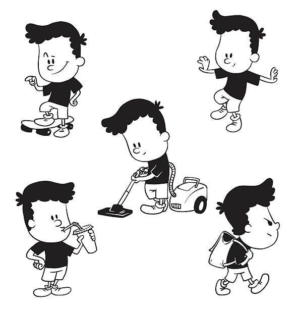 набор милых маленьких мальчиков, монохромный стиль - curley cup stock illustrations