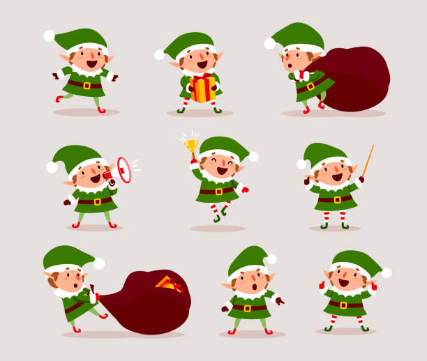 Set of cute playful Christmas elves. Collection of cute Santa Claus helpers. Happy New Year, Merry Xmas design element. Good for card, banner, flayer, leaflet, poster. Vector Set of cute playful Christmas elves. Collection of cute Santa Claus helpers. Happy New Year, Merry Xmas design element. Good for card, banner, flayer, leaflet, poster. Vector illustration funny santa cartoon pictures stock illustrations