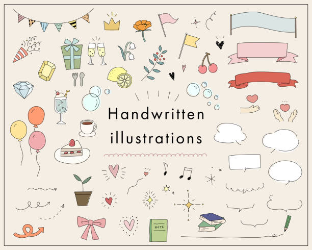 Set of cute pop hand drawn illustrations for decoration of parties, frames, flowers, drinks, hearts, stars, etc. Set of cute pop hand drawn illustrations for decoration of parties, frames, flowers, drinks, hearts, stars, etc. writing activity borders stock illustrations