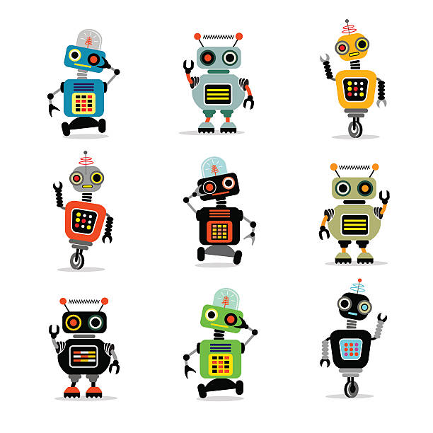 set of cute retro robots to use in your designs set of retro robots to use in your designs for greeting cards, kids t-shirts, stickers, website robot designs stock illustrations