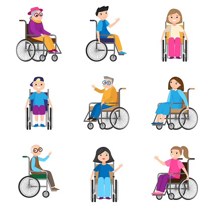 Set of cute smiling persons with motion disability in wheelchairs