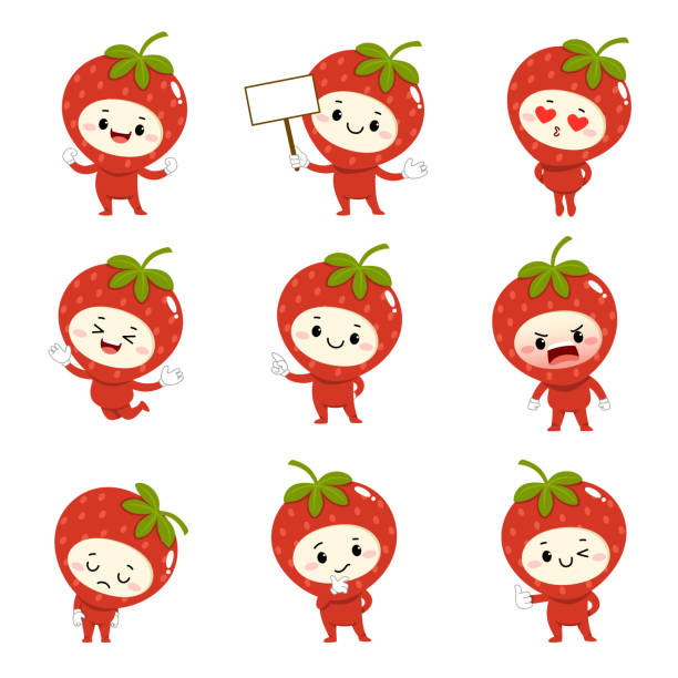 Set of cute strawberry cartoon characters with various activities and emotions. Set of cute strawberry cartoon characters with various activities and emotions. strawberry cartoon stock illustrations
