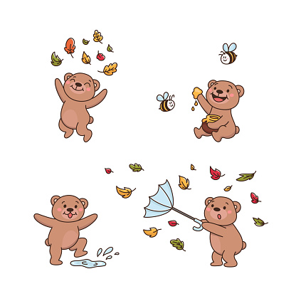 Set of cute teddy bears. Bear plays with a puddle, throws autumn leaves, eating honey with bee friends, with an umbrella blows the wind. Childish vector illustration in cartoon style.