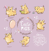 Set of Cute Tiny Yellow Pig in different poses. Dancing piggy, pig with the balloon. New Year Symbol of Chinese calendar. The year of the pig