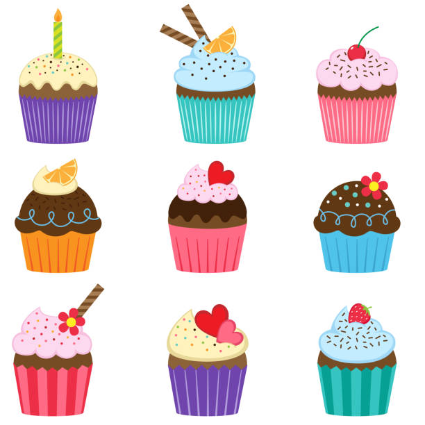 Set of cute vector cupcakes Vector set of nine different cute cupcakes cupcake stock illustrations