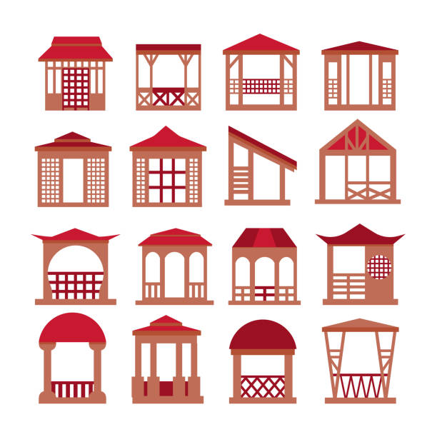 Set of cute vector icons of gazebos, pergolas, rotundas in a flat style. Set of cute vector icons of gazebos, pergolas, rotundas in a flat style. Colored brown red icons of Japanese and Chinese gazebos. Asian style in garden architecture. For construction, landscape design chupah stock illustrations