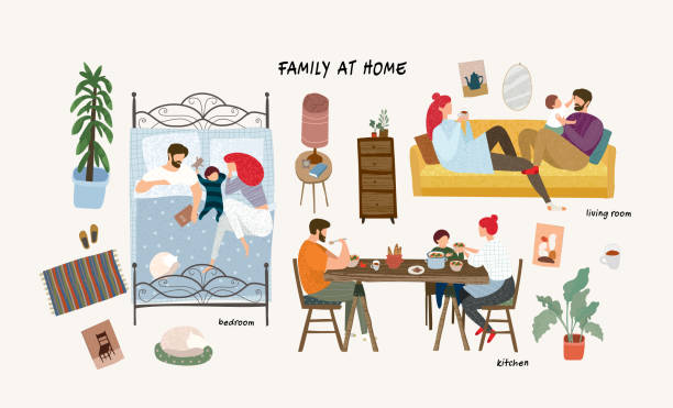 bildbanksillustrationer, clip art samt tecknat material och ikoner med uppsättning av söta vektor illustrationer av människor i vardagen, lycklig familj hemma vilar i vardags rummet på soffan, sova i sovrummet, äta i köket, isolerade föremål av möbler - family dinner