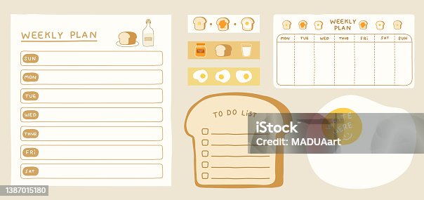 istock Set of cute weekly plan and memo not pad template with cozy breakfast theme. A collection organizer planner, blank memo, to do list paper pad, schedule, diary or work plan. 1387015180