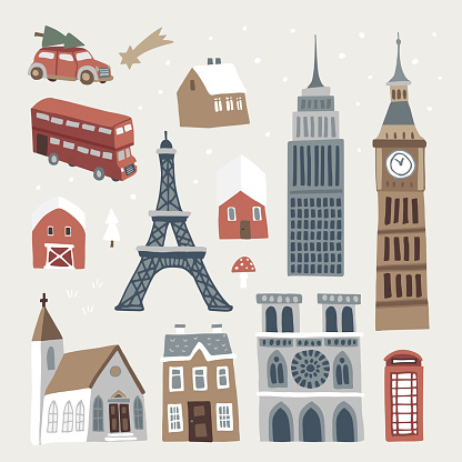 Set of cute winter city, town and village icons. Hand drawn houses, church, Eiffel and Big Ben tower, doubledecker and car. Christmas design. Isolated vector objects, flat design.