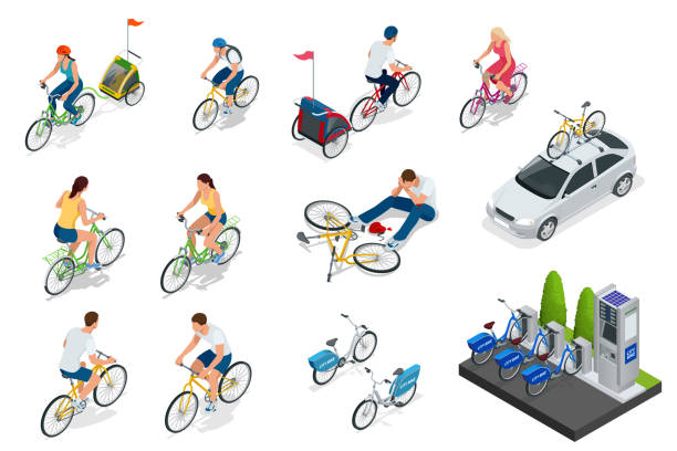サイクリストのセット、自転車ホルダー付きの車、駐輪場。自転車に乗っている等角図。ファミリーサイクリスト。各種自転車に乗っている人のコレクション。 - 通勤点のイラスト素材／クリップアート素材／マンガ素材／アイコン素材