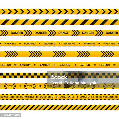 istock Set of danger caution seamless black and yellow tapes. Warning, stop. Barricade tape, do not cross, police, crime danger line, bright yellow official crime scene barrier tape. 1286896405