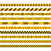 istock Set of danger caution seamless black and yellow tapes. Warning, stop. Barricade tape, do not cross, police, crime danger line, bright yellow official crime scene barrier tape. 1286896405