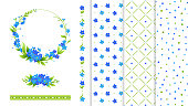 istock Set of decorative elements. Blue flowers wreath, flower border, background seamless patterns. Simple style. Forget me not. 1151177116