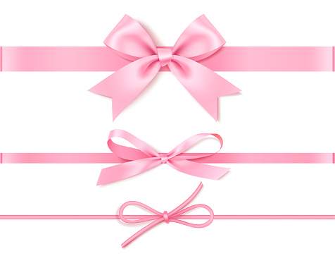 Set of decorative pink bow with horizontal pink ribbon for gift decor. Realistic vector bow and ribbon isolated on white.