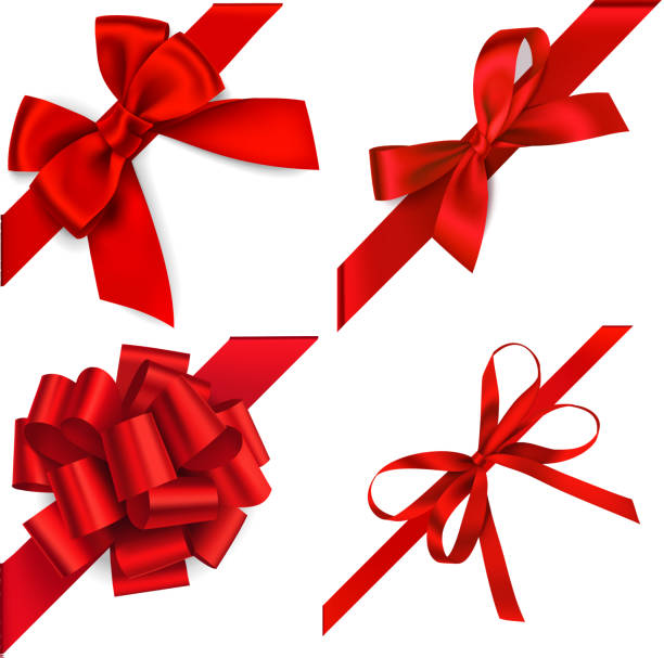 Set of decorative red bows with diagonally red ribbon on the corner isolated on white. Holiday design elements. Vector illustration red stock illustrations