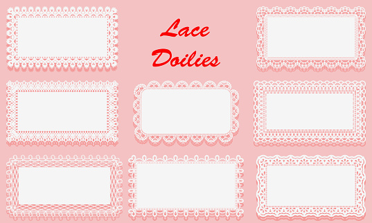 Set of Decorative White lace Doilies. Openwork rectangular frame on a pink background. Vintage Paper Cutout Design.