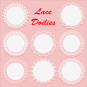 Set of Decorative White lace Doilies. Openwork round frame on a pink background. Vintage Paper Cutout Design. Vector illustration