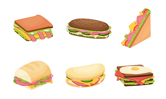 Set of delicious juicy sandwiches filled with vegetables, cheese, meat, bacon. Vector illustration in flat cartoon style