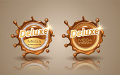 Set of deluxe design labels in gold color isolated on background. Swirl dynamic splash of milk chocolate. Chocolate circular border and drops. Packaging design element. Vector 3d illustration.