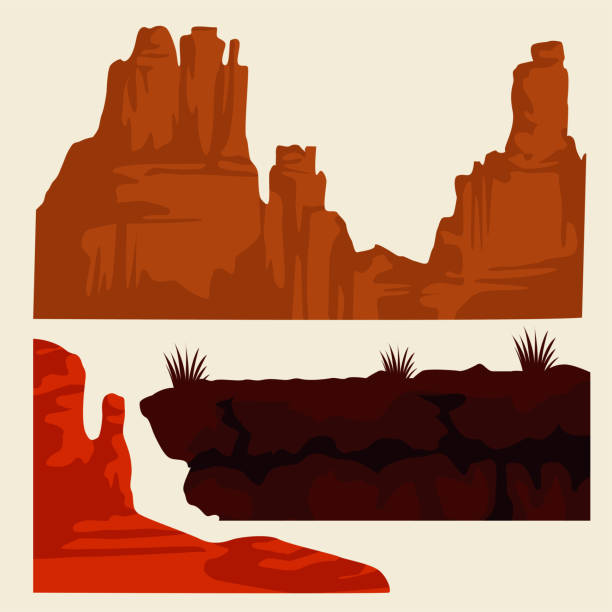 illustrazioni stock, clip art, cartoni animati e icone di tendenza di set di icone di terreni desertici - canyon