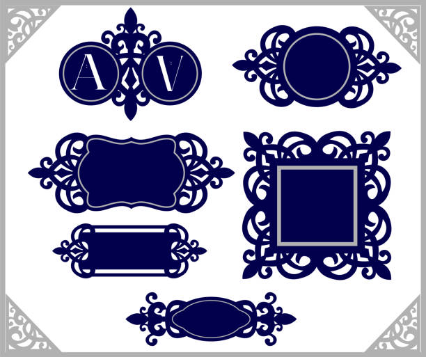 Set of design element. Vintage emblem. Decorative frame template. Wedding monogram laser cut. Silhouette cameo template. Navy blue icon. Decor for invitation card. Ornament tags. Emblems cameo brooch stock illustrations