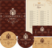 Vector set of elements for design pub restaurant in baroque style with glass of beer, crown and laurel wreath. Menu, price list, stands for drinks and business cards on background with floral pattern